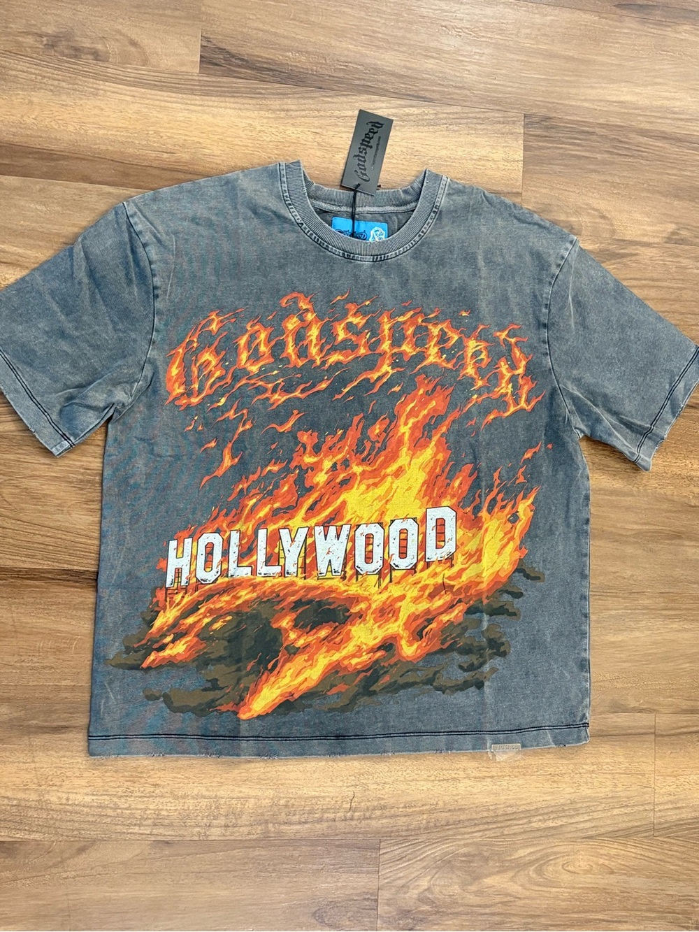 Gray 'Hollywood' Flame Graphic Short Sleeve T‑Shirt Box Fit OS